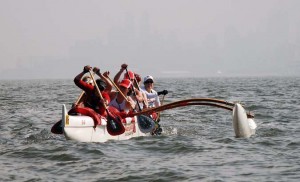 An outrigger canoe on the Hudson River. Photo courtesy of the River Rowing Association